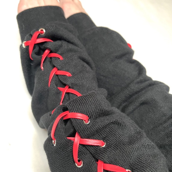 Red Corset Thigh Highs Black Lace Up Leg Warmers Over the Knee Socks Leggings OS - Picture 5 of 13